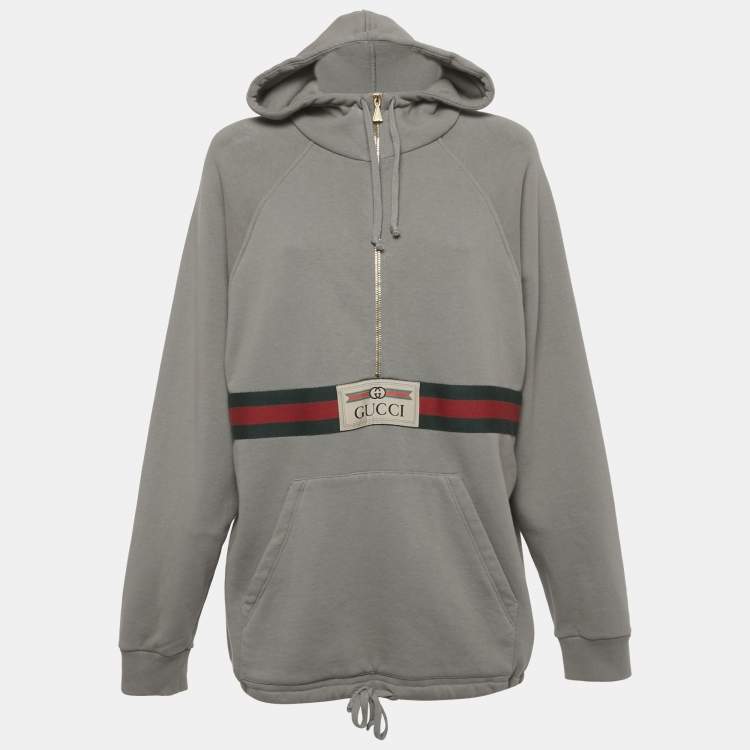 Pre Owned Gucci Grey Web Applique Cotton Knit Oversized Hoodie S