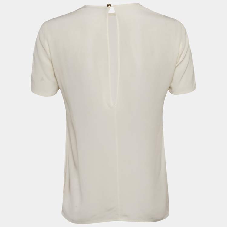 Pre Owned Gucci Off-White Silk Round Neck Top S