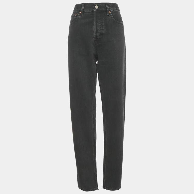 Pre Owned بنطلون جينز غوتشي أزرق داكن بتفاصيل قوس قزح بحافة خام خصر 27 إنش مقاس صغير