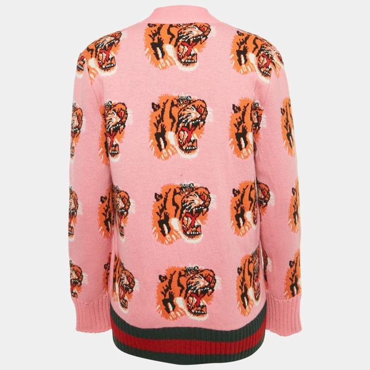 Pre Owned Gucci Pink Tiger Intarsia Wool Oversized Cardigan S