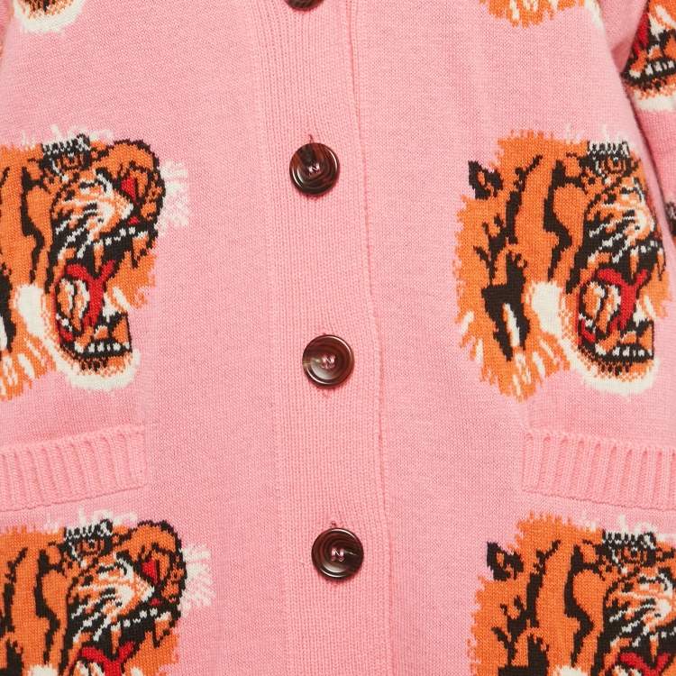 Pre Owned Gucci Pink Tiger Intarsia Wool Oversized Cardigan S