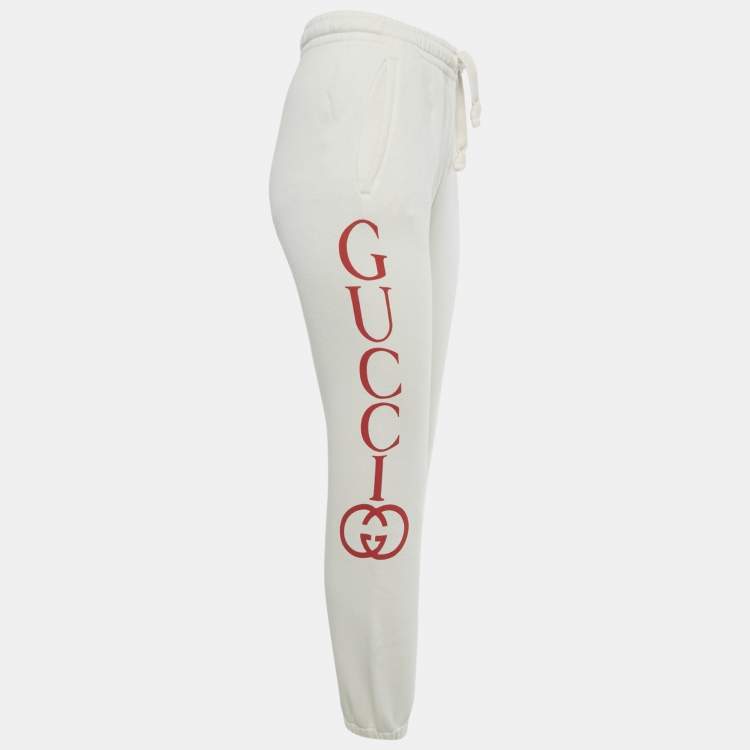 Pre Owned Gucci Ivory Logo Print Cotton Joggers XXS