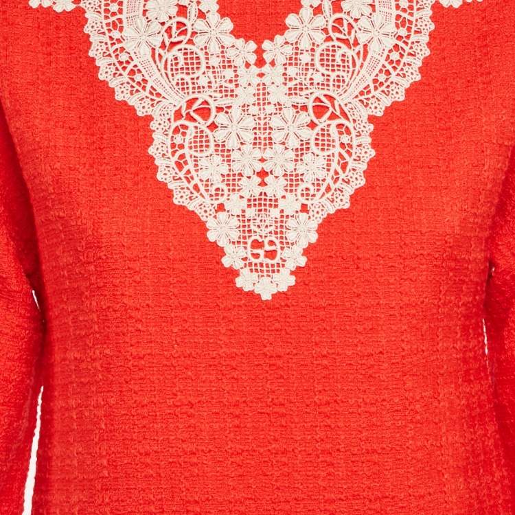 Pre Owned Gucci Red Lace Trim Tweed Shift Dress S