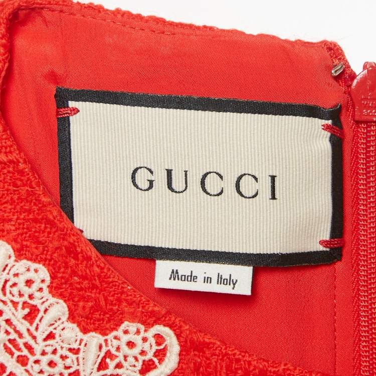 Pre Owned Gucci Red Lace Trim Tweed Shift Dress S