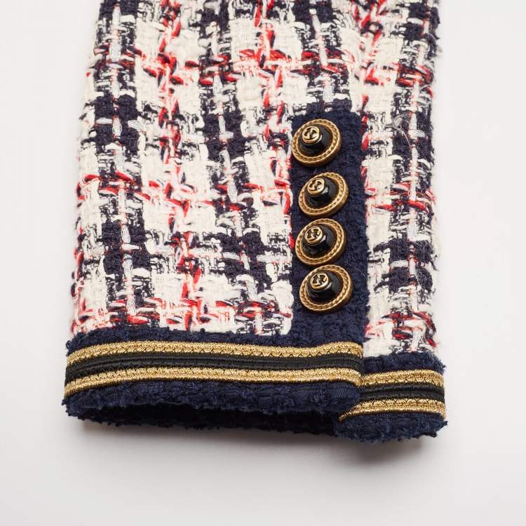 Pre Owned Gucci Blue Logo Patch Tweed Long Jacket S