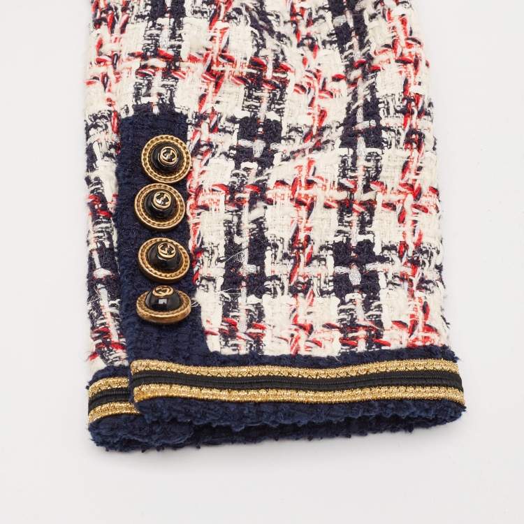 Pre Owned Gucci Blue Logo Patch Tweed Long Jacket S