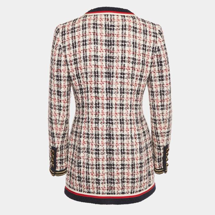 Pre Owned Gucci Blue Logo Patch Tweed Long Jacket S