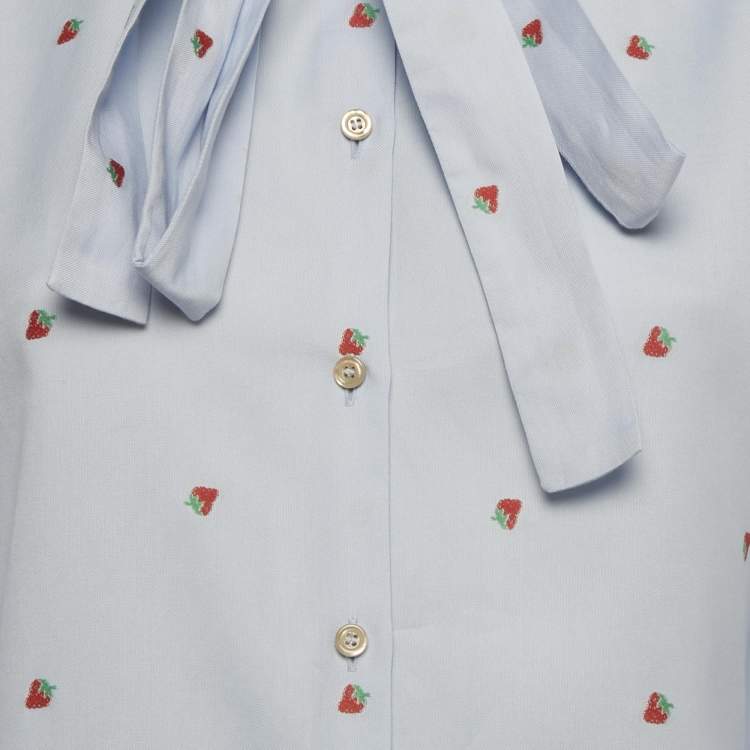 Pre Owned Gucci Blue Strawberry Embroidered Cotton Shirt S