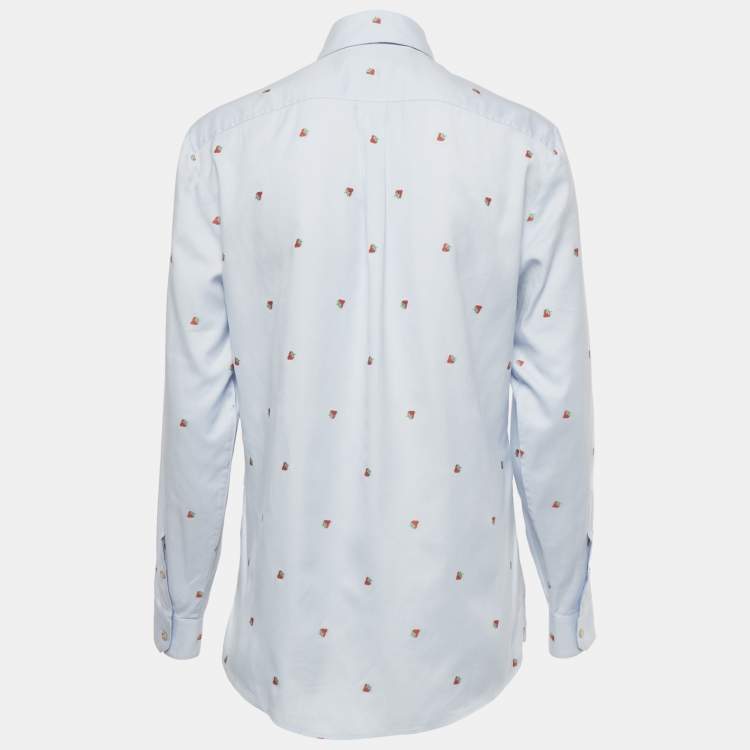 Pre Owned Gucci Blue Strawberry Embroidered Cotton Shirt S