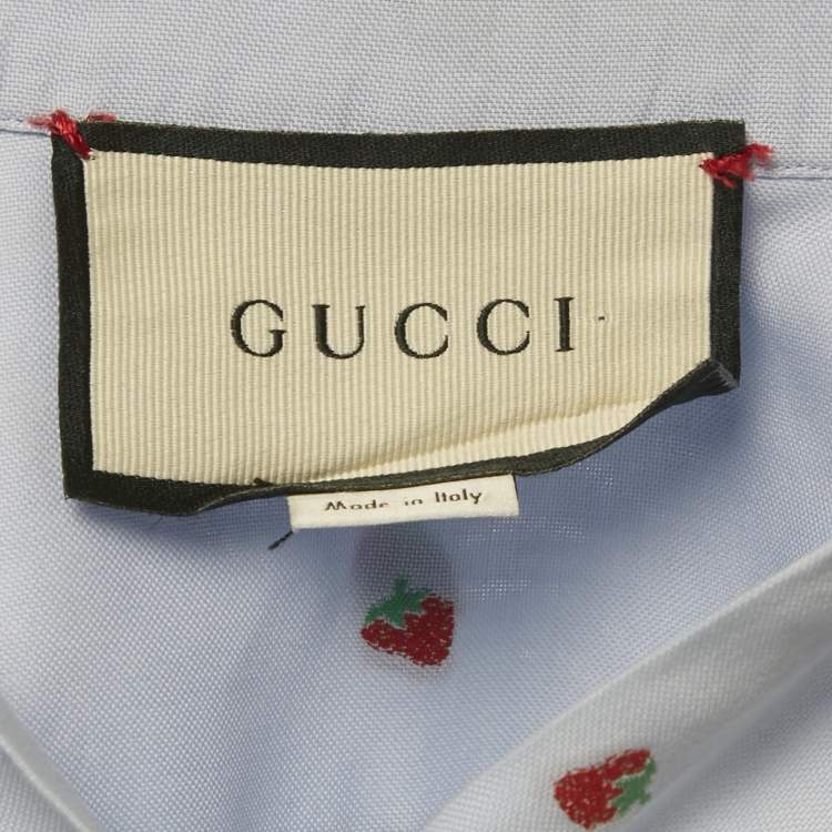 Pre Owned Gucci Blue Strawberry Embroidered Cotton Shirt S