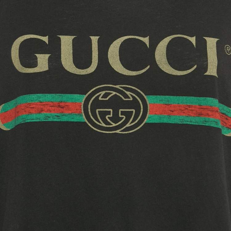 Pre Owned Gucci Black Vintage Print Jersey Distressed T-Shirt M