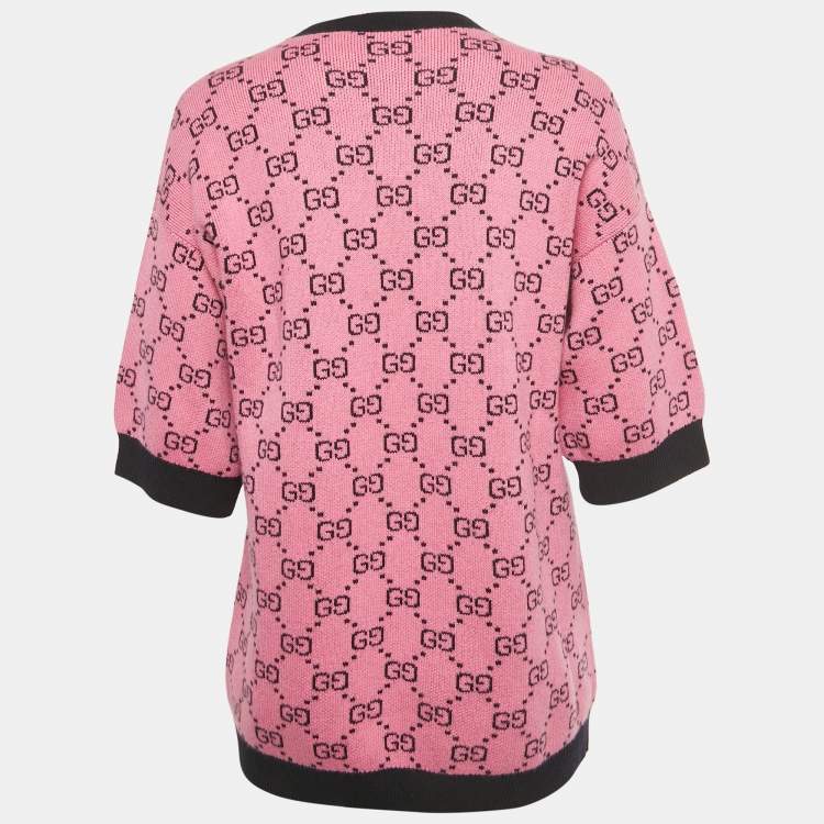 Pre Owned Gucci Pink GG Jacquard Wool Short Sleeve Pullover XXS