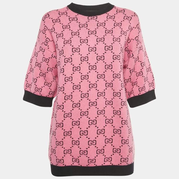 Pre Owned Gucci Pink GG Jacquard Wool Short Sleeve Pullover XXS