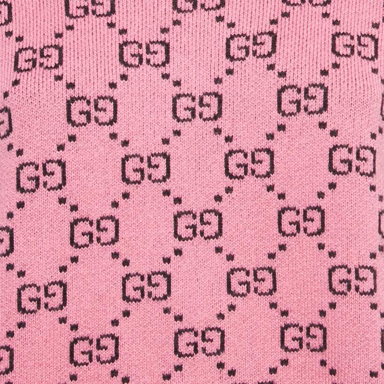 Pre Owned Gucci Pink GG Jacquard Wool Short Sleeve Pullover XXS