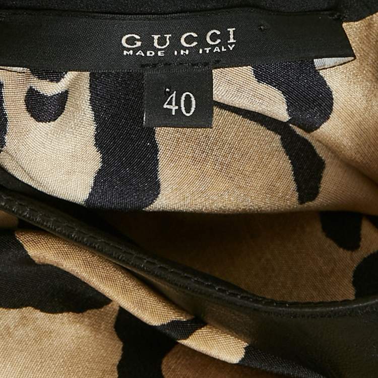 Pre Owned Gucci Brown Animal Print Silk Leather Collar Blouse S 