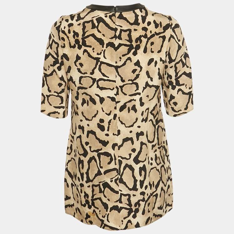Pre Owned Gucci Brown Animal Print Silk Leather Collar Blouse S 