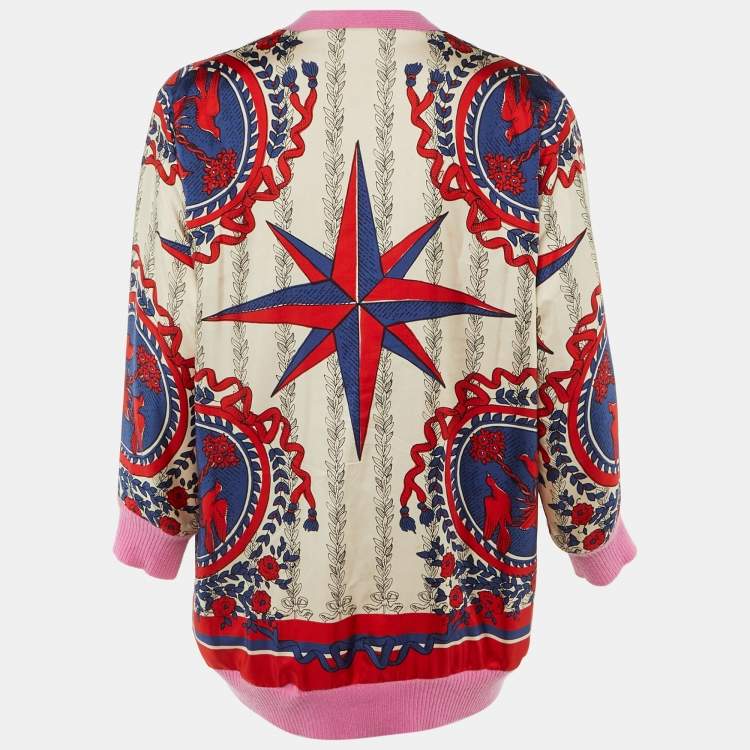 Pre Owned Gucci Pink Carillon Print Silk & Wool Reversible Cardigan L