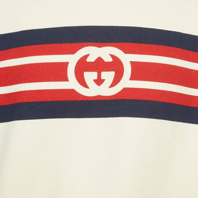 Pre Owned Gucci Cream Logo Print Cotton Crewneck Sweatshirt M