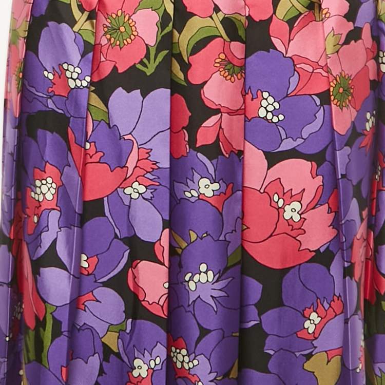 Pre Owned Gucci Pink/Purple Floral Print Silk Pleated Midi Skirt M