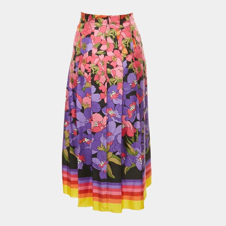 Pre Owned Gucci Pink/Purple Floral Print Silk Pleated Midi Skirt M
