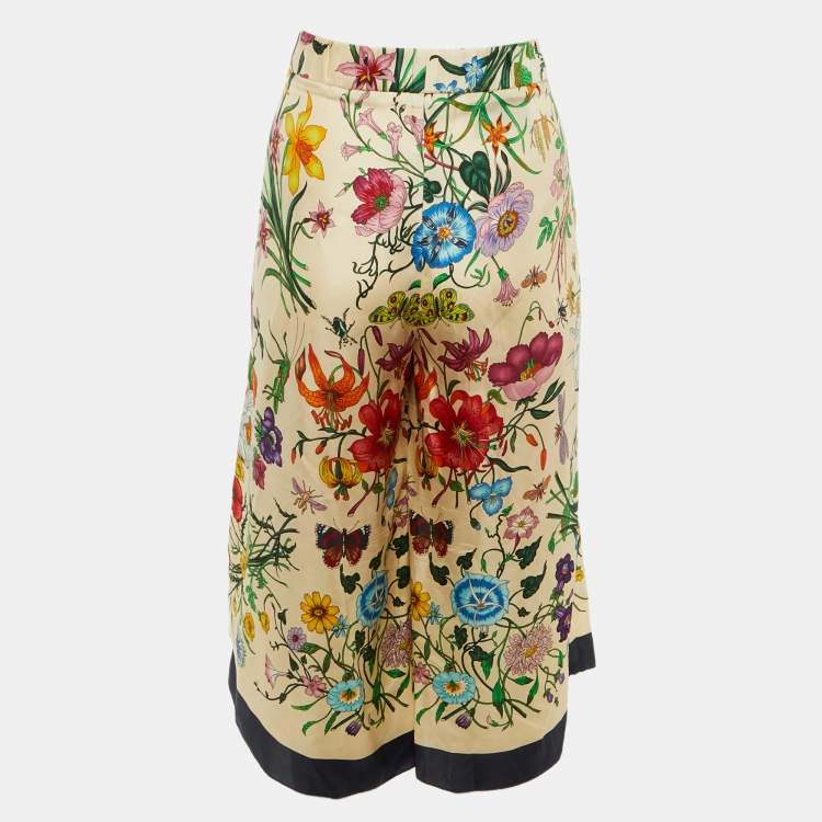 Pre Owned Gucci Beige Floral Print Silk Culottes M