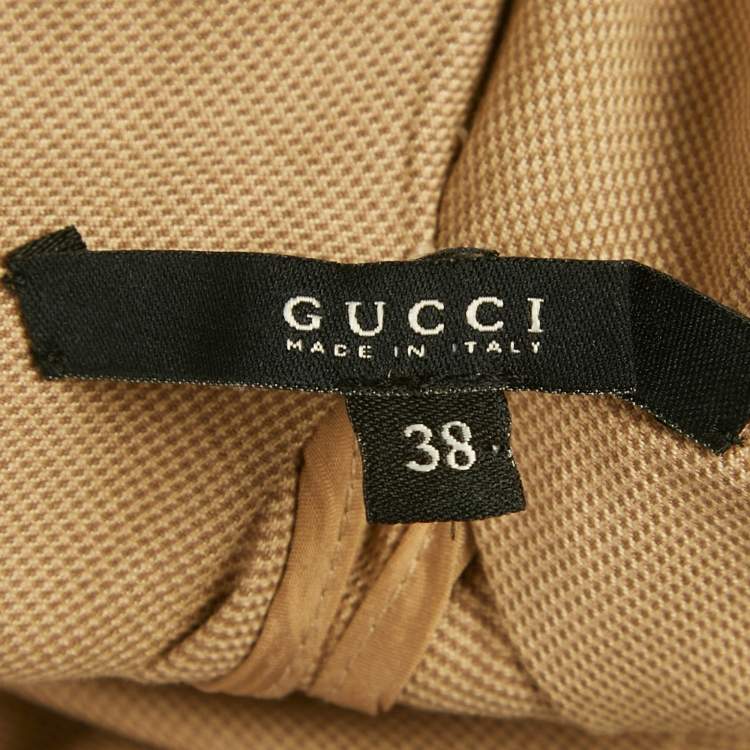 Pre Owned Gucci Beige Patterned Cotton Plunge Neck Midi Dress S  