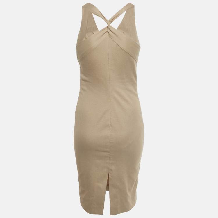 Pre Owned Gucci Beige Patterned Cotton Plunge Neck Midi Dress S  