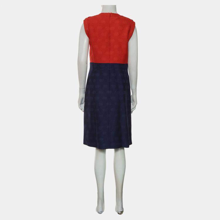 Pre Owned Gucci Blue/Red  Silk Wool Textured Two Tone Sleeveless Dress
