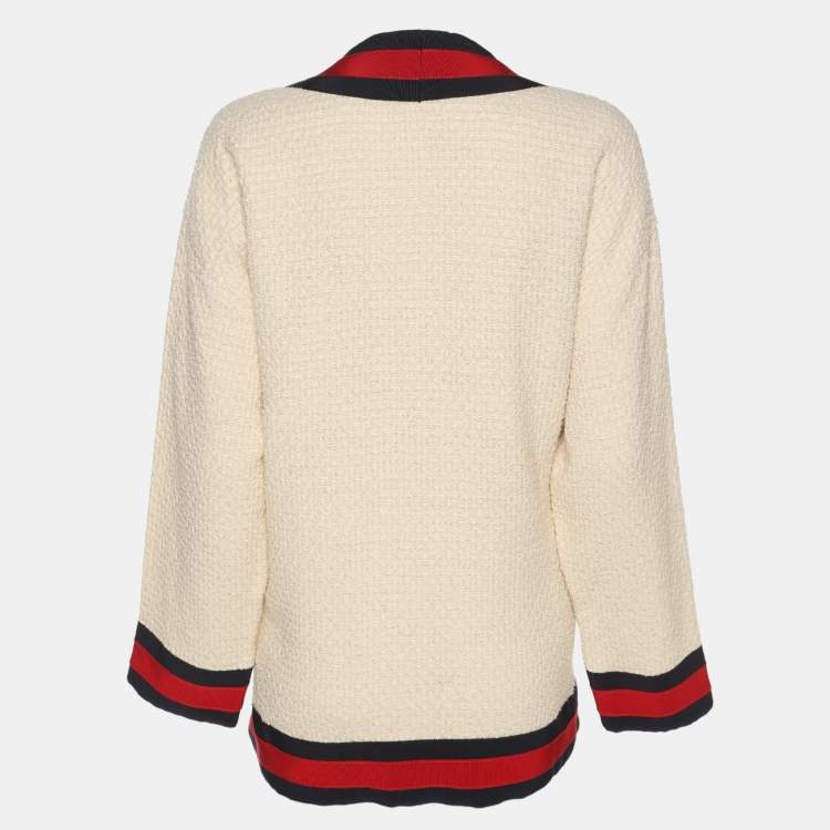 Pre Owned Gucci Cream Tweed Web Ribbon Trim Oversized Cardigan Jacket S