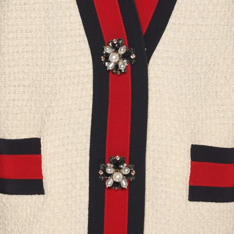 Pre Owned Gucci Cream Tweed Web Ribbon Trim Oversized Cardigan Jacket S