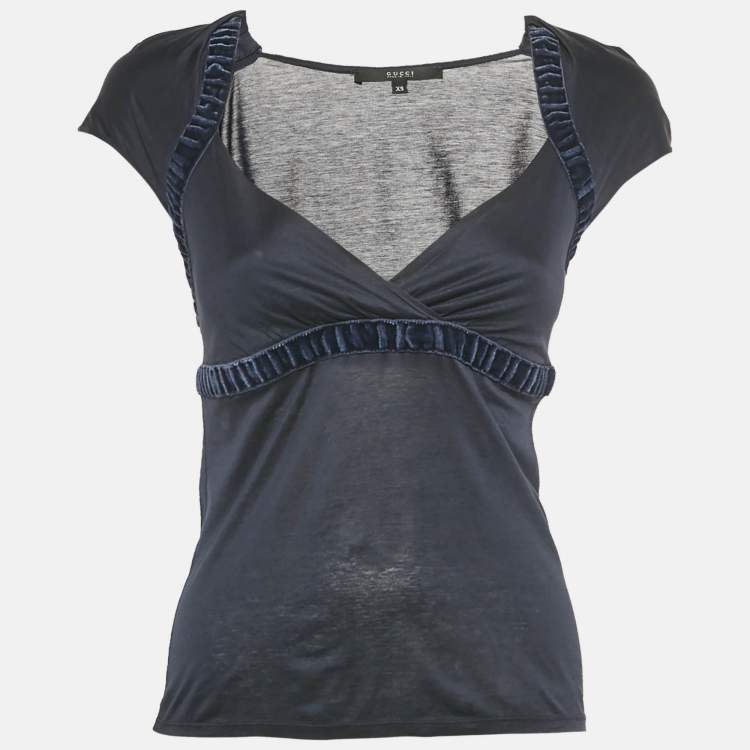 Pre Owned Gucci Navy Blue Cotton Short Sleeve Top XS