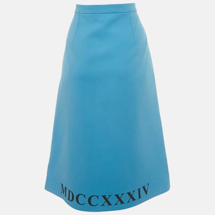 Pre Owned تنورة غوتشي قلم حرير ممزوج بنقش الحافة الأزرق مقاس متوسط