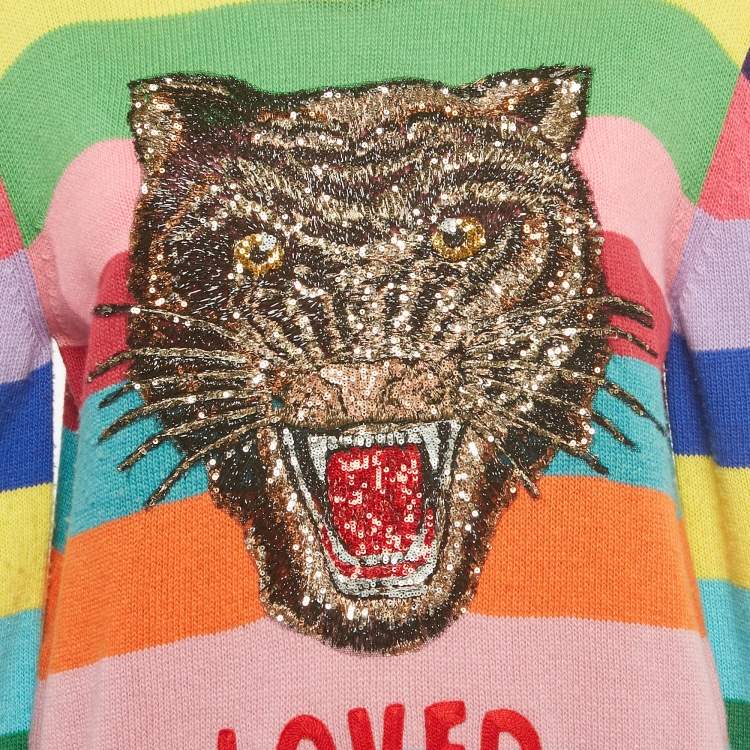 Pre Owned Gucci Multicolor Striped Wool Big Cat Sequin Sweater L