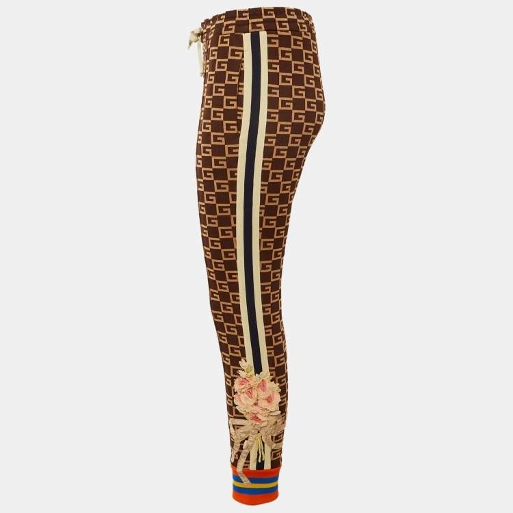 مملوكة مسبقًا Gucci Brown Monogram Knit Side Stripe & Applique Detail Joggers S