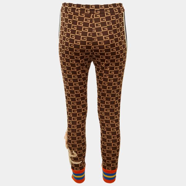مملوكة مسبقًا Gucci Brown Monogram Knit Side Stripe & Applique Detail Joggers S