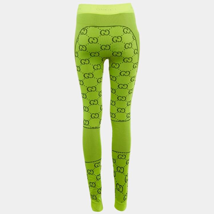 Pre Owned Gucci Neon Green GG Jacquard Jersey Leggings S