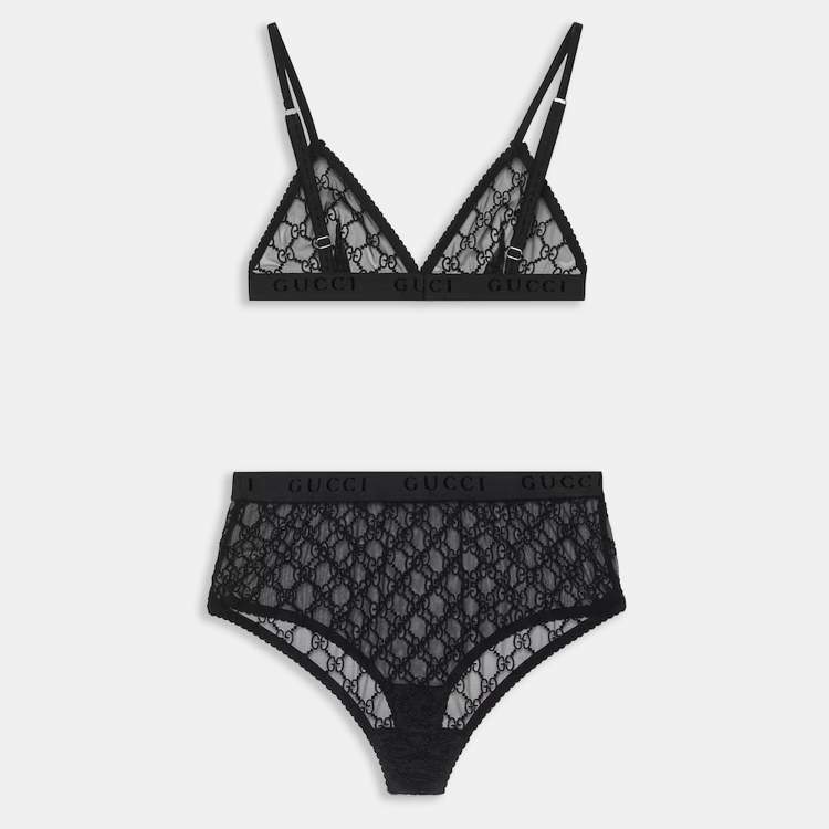 Pre Owned Gucci Black GG Embroidered Tulle Sheer Lingerie Set L