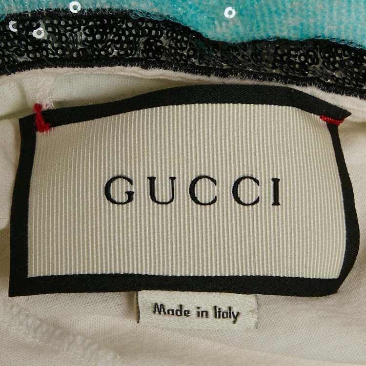 Pre Owned Gucci White Floral Print Jersey Sequin Collar Top M