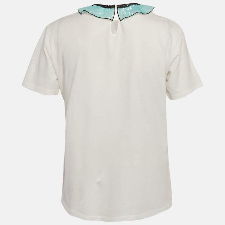 Pre Owned Gucci White Floral Print Jersey Sequin Collar Top M