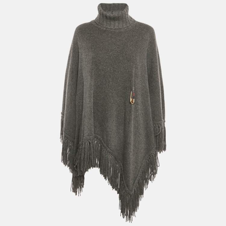 Pre Owned Gucci Grey Cashmere Fringed Pin Detail Poncho M