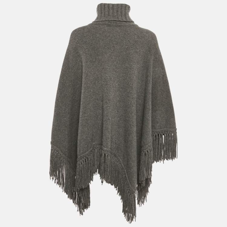 Pre Owned Gucci Grey Cashmere Fringed Pin Detail Poncho M