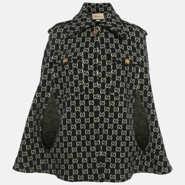 Pre Owned Gucci Black Logo Monogram Wool Cape XXS