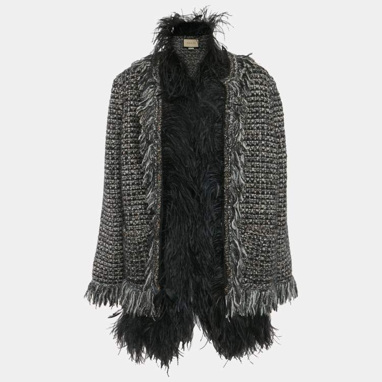 مملوكة مسبقًا Gucci Monochrome Feather Trim Tweed Open Front Cardigan S