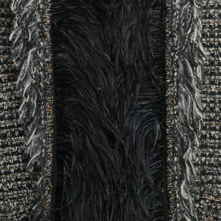 مملوكة مسبقًا Gucci Monochrome Feather Trim Tweed Open Front Cardigan S