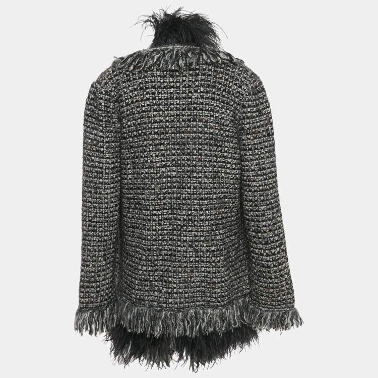 مملوكة مسبقًا Gucci Monochrome Feather Trim Tweed Open Front Cardigan S