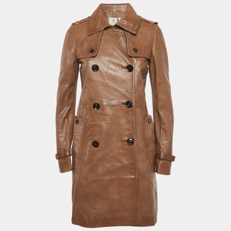 Pre Owned Gucci Brown Leather Double Breasted Trench Coat S