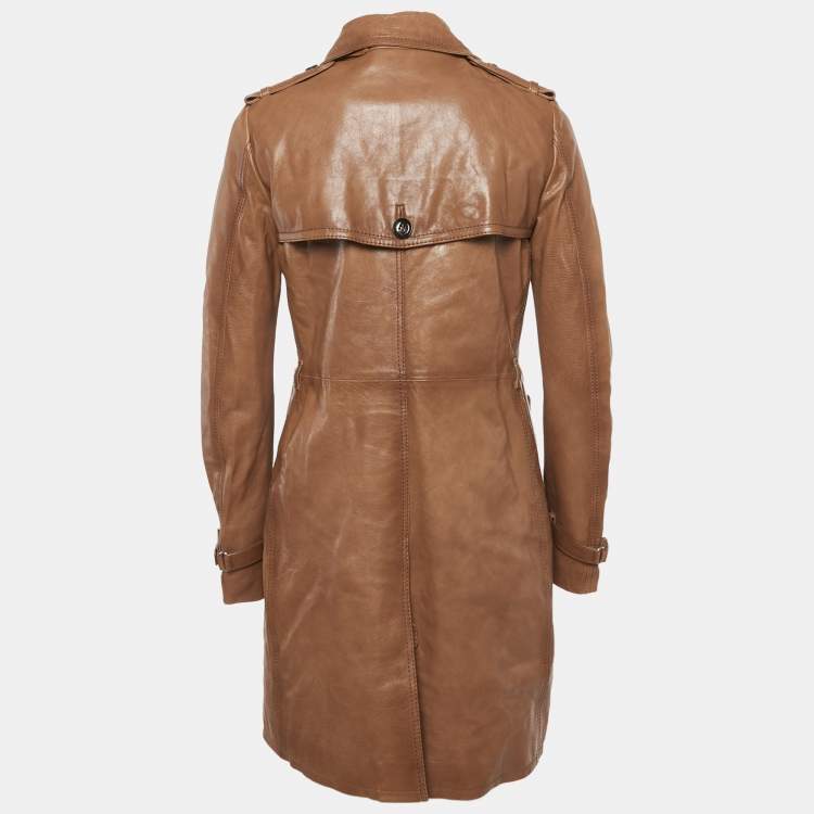 Pre Owned Gucci Brown Leather Double Breasted Trench Coat S