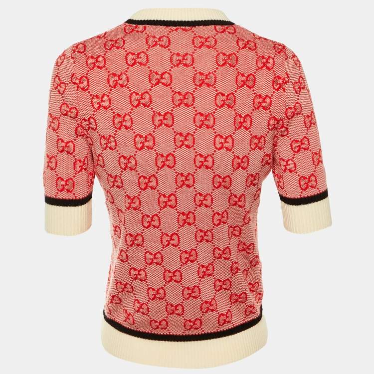 Pre Owned Gucci Red GG Jacquard Wool & Cotton Crew Neck Top S