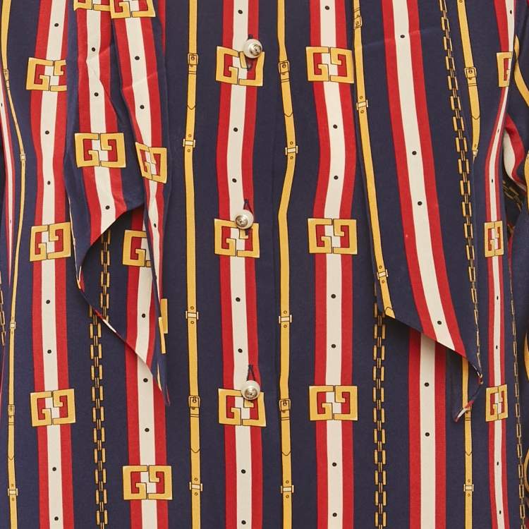 Pre Owned Gucci Blue/Red Striped Silk Tie-Up Blouse M