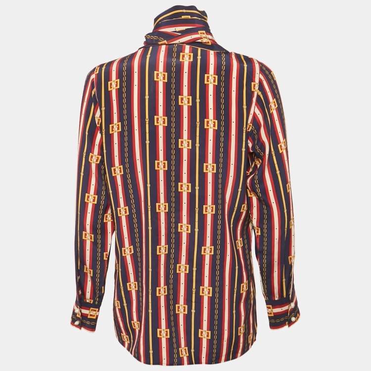 Pre Owned Gucci Blue/Red Striped Silk Tie-Up Blouse M
